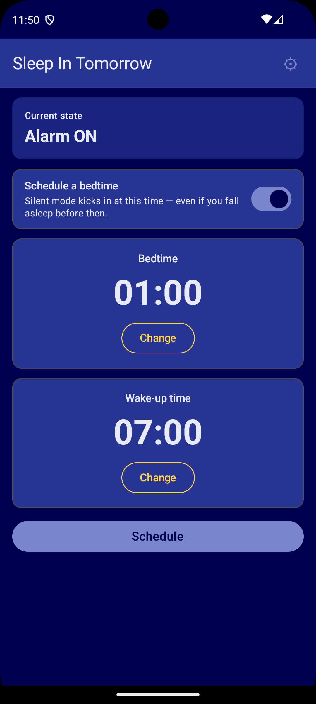 英語表示のメイン画面（Sleep In Tomorrow）